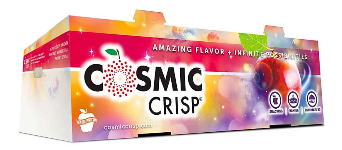 An example of Cosmic Crisp apple marketing for store displays.